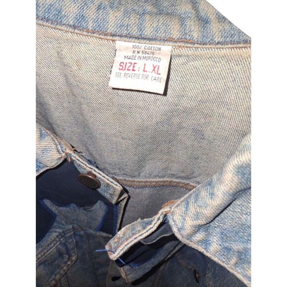 Custom Vintage Denim Jacket Trucker Size L Sauce Blue Plaid Drip Rizz Ripped - Picture 11 of 11